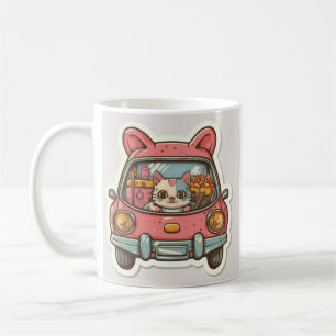 CANECA DE CAFÉ UM GATO MOVIMENTA UM CARRO