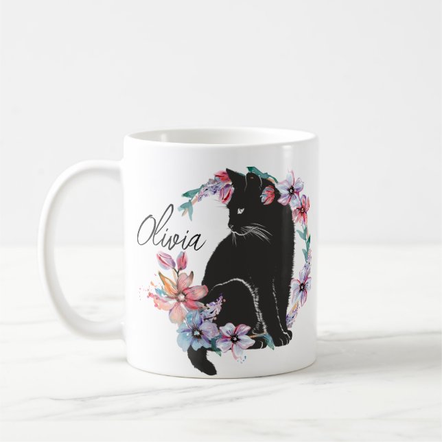 Caneca De Café Um gato preto cercado por flores (Esquerda)