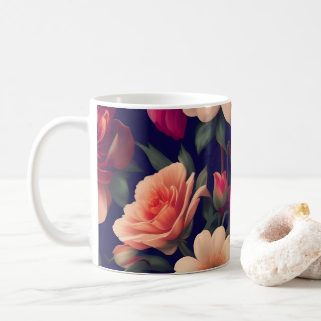 Caneca De Café Um papel de parede com um padrão floral  (Com Donut)