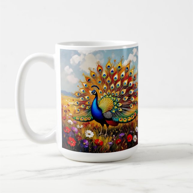 Caneca De Café Um Pavão Dourado e Azul em Flores  (Esquerda)