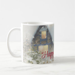 Caneca De Café Uma casa com árvore de Natal e cerca