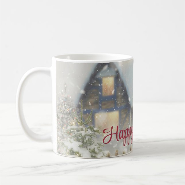 Caneca De Café Uma casa com árvore de Natal e cerca (Esquerda)