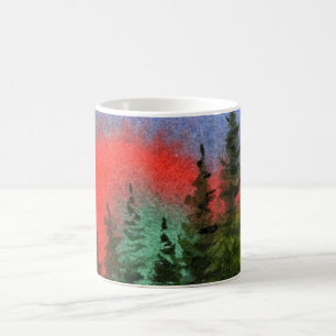 Caneca De Café Uma linha de pinheiros banhados em cores vivas do