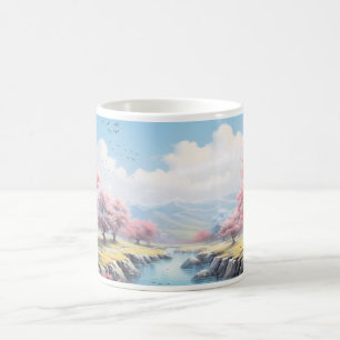 Caneca De Café Uma Montanha, Um Rio E Uma Árvore Em Primavera