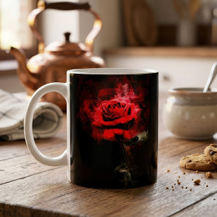Caneca De Café Uma Rosa Vermelha Aquarela em Fundo Preto