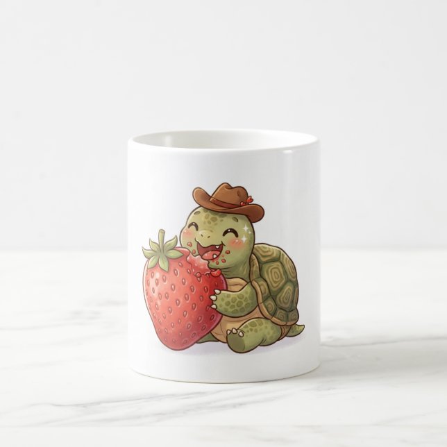 Caneca De Café uma tartaruga fofa come um morango (Centro)