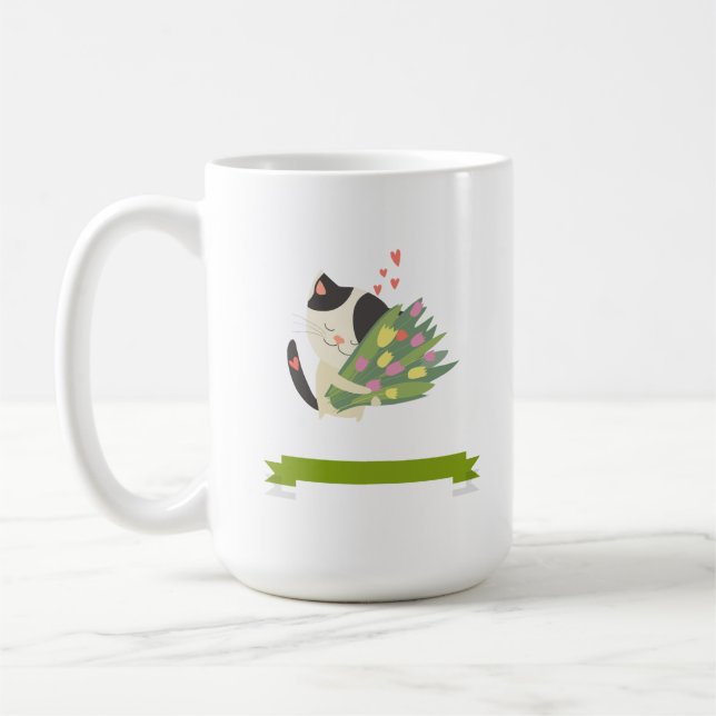 Caneca De Café Un chat qui aime son bouquet de fleur. (Esquerda)