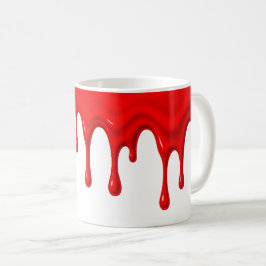 Caneca De Café Un liquide rouge vif coule le long d'un mug blanc.