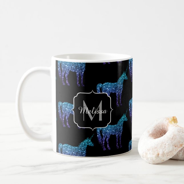 Caneca De Café Unicorn Sparkles aqua Blue ombre Standard Monogram (Com Donut)