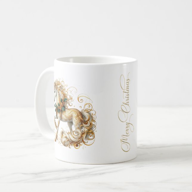 Caneca De Café Unicórnio de Natal Branco e Dourado Elegante (Frente Esquerda)