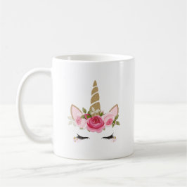Caneca de Café Unicórnio Dourado Rosa Floral Fofa