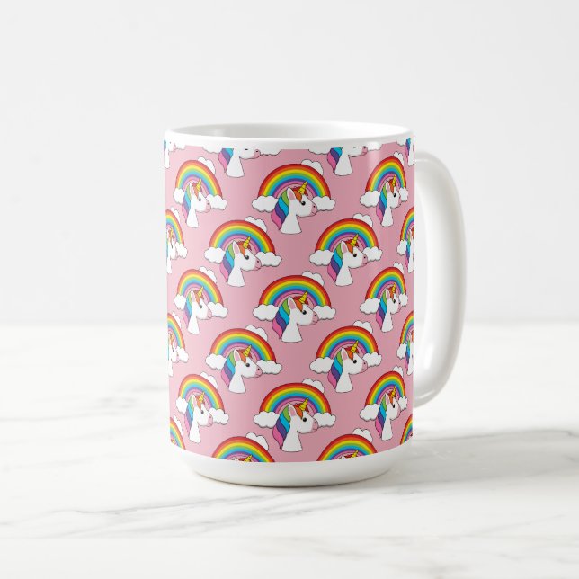 Caneca De Café Unicórnio e Arco-íris com Nuvens Kawaii (Frente Esquerda)