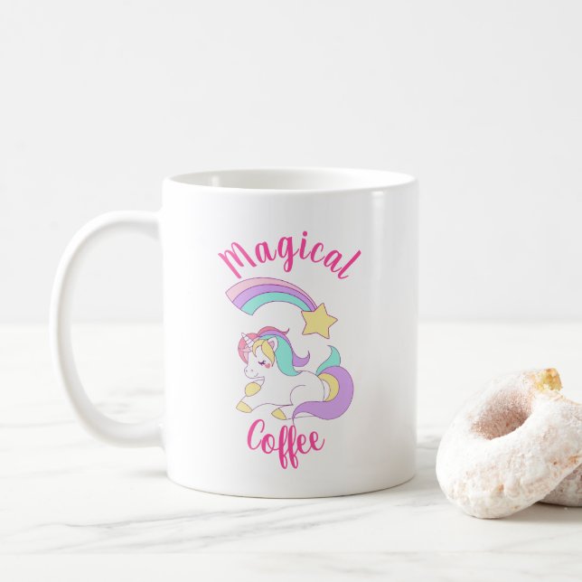 Caneca De Café Unicórnio mágico com Estrela Fotografada do Arco-Í (Com Donut)