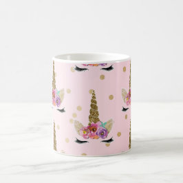 Caneca De Café Unicórnio Moderno com Brilho Rosa e Dourado Chifre
