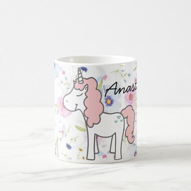 Caneca De Café Unicórnio Rosa, Flores e seu nome (Centro)