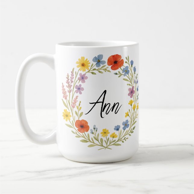 Caneca De Café Unique Watercolor Wild Flower Wreath Customizable  (Esquerda)