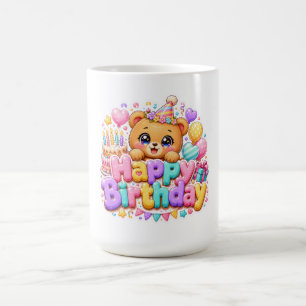 Caneca De Café Ursa de pelúcia fofa Kawaii Feliz Aniversário Rosa
