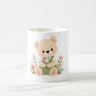 Caneca De Café Ursa de Pelúcia Fofa Segurando um Buquê de Flores