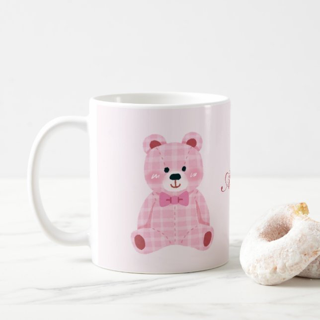 Caneca De Café Ursinho Gingham Rosa (Com Donut)