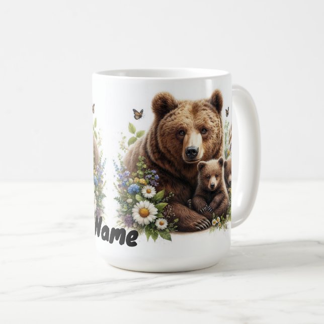 Caneca De Café Urso Castanho com Cubos em Prado Floral (Frente Esquerda)