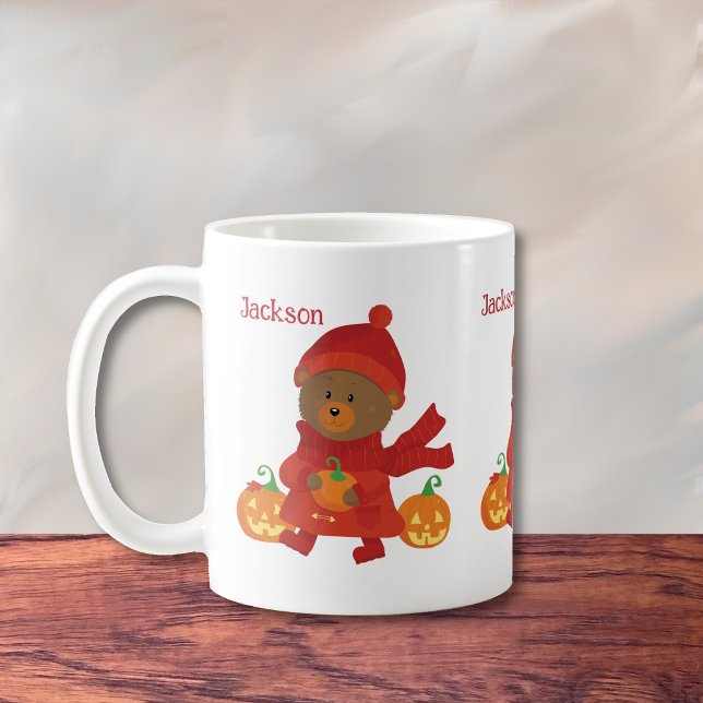 Caneca De Café Urso Castanho-Gelado, Chuva de Outono (Cute brown bear kid fall cocoa mug .)