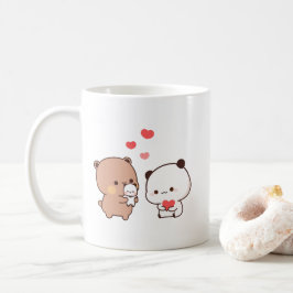 Caneca De Café Urso chibi panda, leite e coração de mocha
