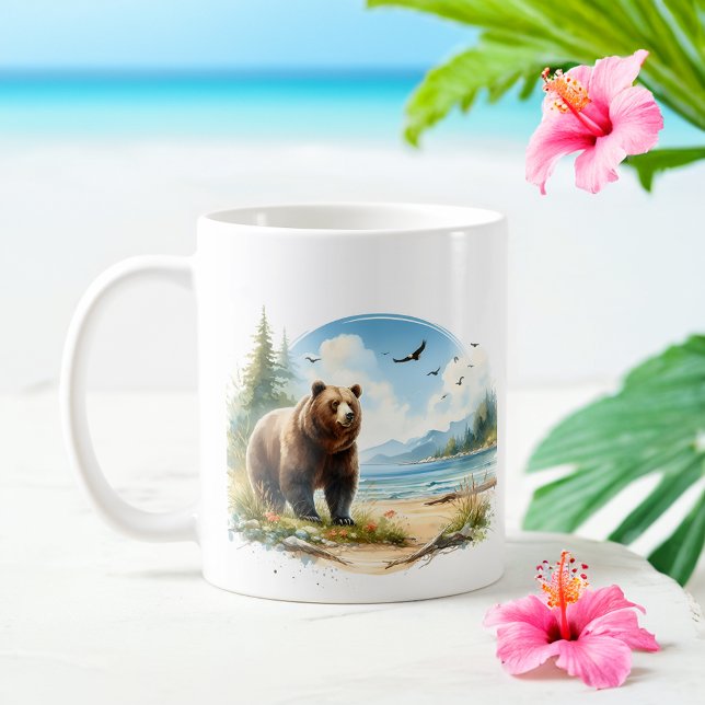 Caneca De Café Urso Cinza da Aquarela de Verão na praia (Criador carregado)