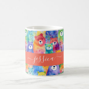 Caneca De Café urso de aquarela moderna com nome em padrão de let