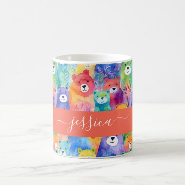 Caneca De Café urso de aquarela moderna com nome em padrão de let (Centro)