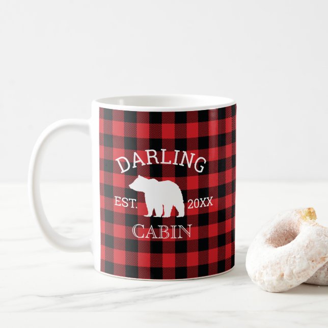 Caneca De Café Urso de nome de família personalizado em xadrez Bú (Com Donut)