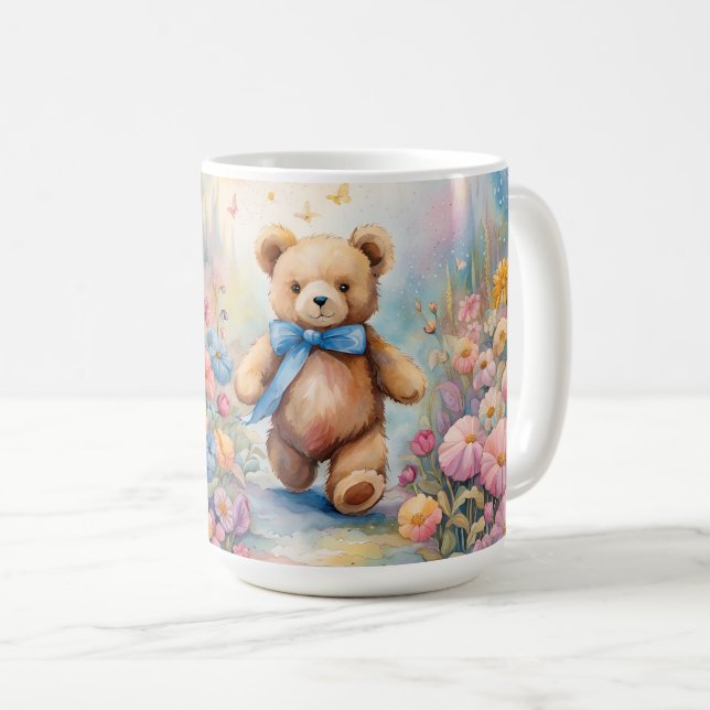Caneca De Café Urso de peluche a rolar num Jardim Pastel (Frente Esquerda)