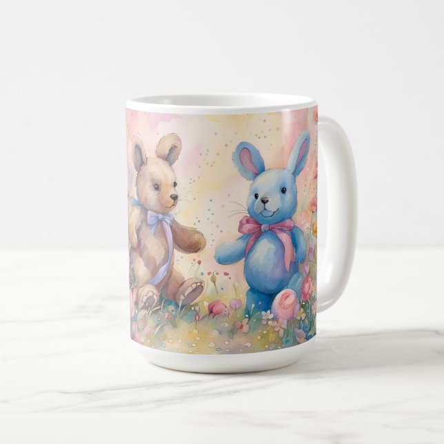Caneca De Café Urso de pelúcia e coelho num jardim de pastel (Frente Esquerda)
