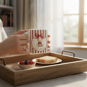 Caneca De Café Urso de pelúcia vintage com laço vermelho Nome aqu