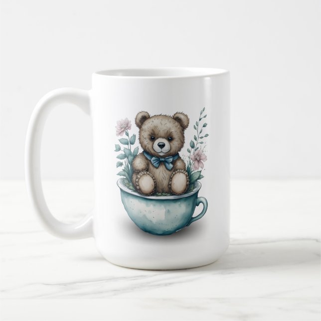 Caneca De Café Urso de Teddy Adorável no Teacup com Flores (Esquerda)