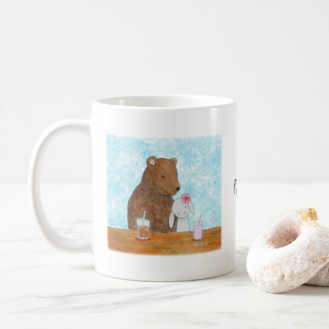 Caneca De Café Urso e Coelhinho no Casal do Picnic Cute Nome pers (Com Donut)