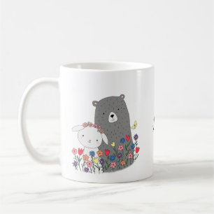 Caneca De Café Urso e coelho com Flores Nome Personalizado