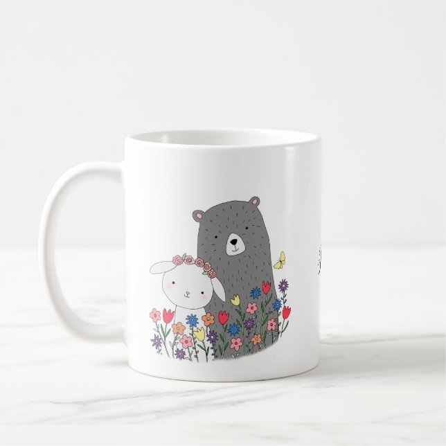 Caneca De Café Urso e coelho com Flores Nome Personalizado (Esquerda)