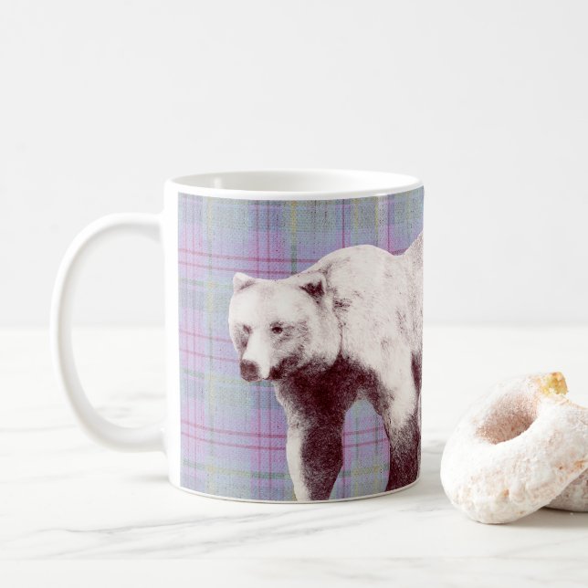 Caneca De Café Urso Mãe Xadrez Lavanda (Com Donut)
