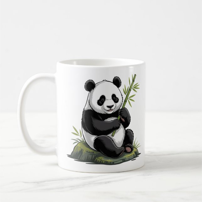 Caneca De Café Urso Panda Fofo e Moderno com Bambu Verde (Esquerda)