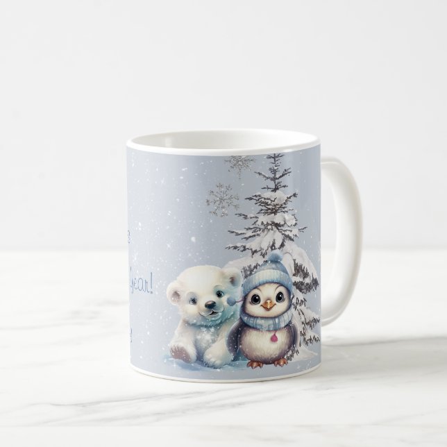 Caneca De Café Urso Polar Fofo e Pinguim Natal Polo Norte (Frente Esquerda)
