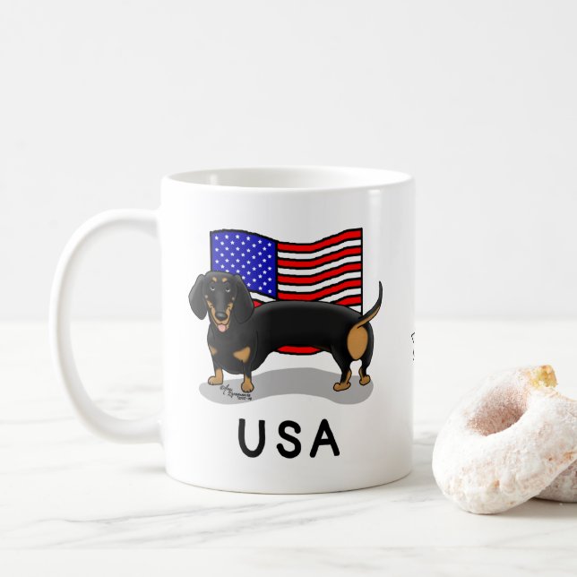 Caneca De Café USA American Flag Dachshund Dachsie (preto & tan) (Com Donut)