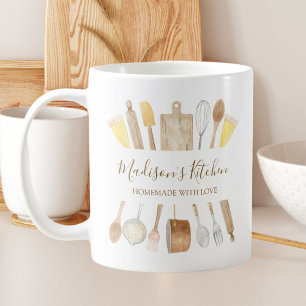 Caneca De Café Utensílios de Cozinha Personalizados em Aquarela