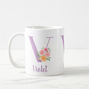 Caneca De Café V Monograma Floral Aquarela Personalizada