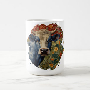 Caneca De Café Vaca azul retrô no girassol