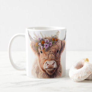 Caneca De Café Vaca das Terras Altas com Coroa Floral Ilustração