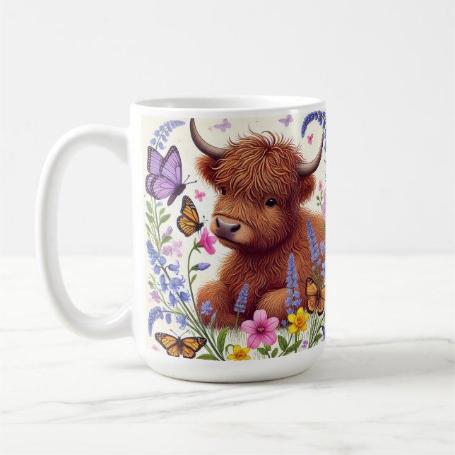Caneca De Café Vaca das Terras Altas com Flores e Borboletas (Esquerda)
