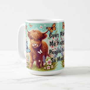Caneca De Café Vaca Highland com Borboletas e Flores de primavera