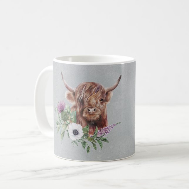 Caneca De Café Vaca Highland Escocesa Marrom Floral Personalizada (Frente Esquerda)