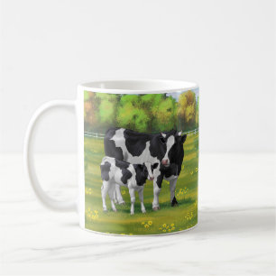 Caneca De Café Vaca Holstein e Vitelo Fresco na Pastagem de Verão