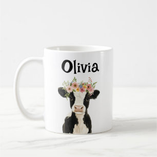 Caneca De Café Vaca para bebês personalizada com coroa floral